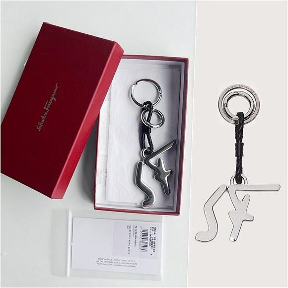 Ferragamo Mens Silver Logo Black Leather Keyring w/ Gift Box - Picture 1 of 7